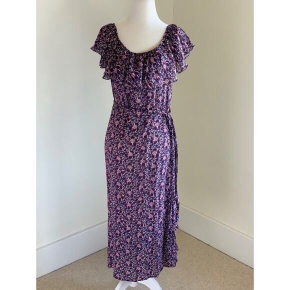 Eberjey Floral Prairie Voile Dress Ruffle Off Shoulder Belted Small Purple - Picture 3 of 11